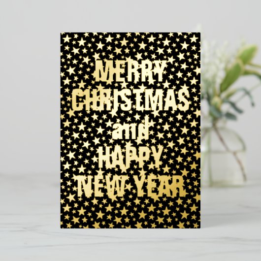 メリークリスマスハッピーニューイヤースターブラック&金ゴールド 箔シーズンカード (立ち正面)