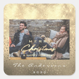 メリークリスマスハッピーニューイヤーズ金ゴールド写真 スクエアシール