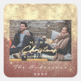 メリークリスマスハッピーニューイヤーバラ金ゴールド写真 スクエアシール
