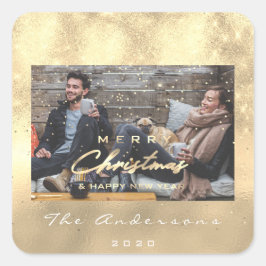 メリークリスマスハッピーニューイヤーフェイク金ゴールド写真 スクエアシール