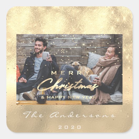 メリークリスマスハッピーニューイヤーフェイク金ゴールド写真 スクエアシール (正面)
