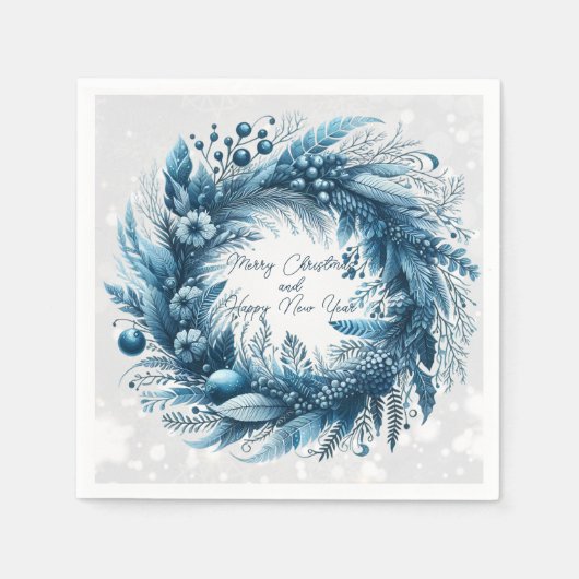 メリークリスマスハッピーニューイヤーブルーリース スタンダードカクテルナプキン (正面)