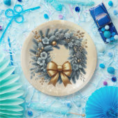 メリークリスマスハッピーニューイヤーブルー金ゴールドリース ペーパープレート (パーティー)