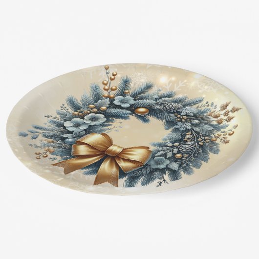 メリークリスマスハッピーニューイヤーブルー金ゴールドリース ペーパープレート (アングル)