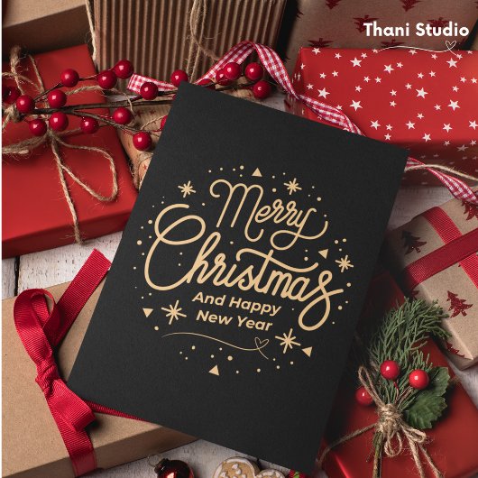 メリークリスマスハッピーニューイヤーモダンブラック&金ゴールド シーズンカード