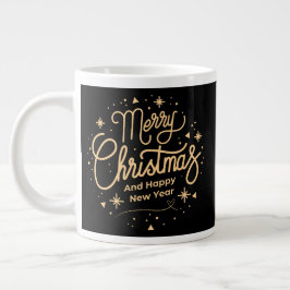 メリークリスマスハッピーニューイヤーモダンブラック&金ゴールド ジャンボコーヒーマグカップ