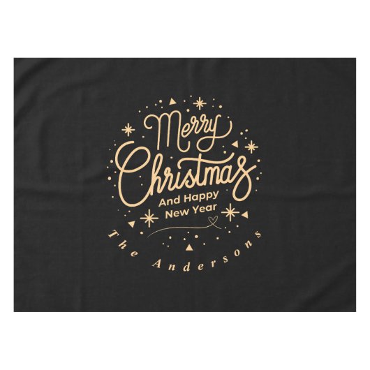 メリークリスマスハッピーニューイヤーモダンブラック&金ゴールド テーブルクロス (正面(横))