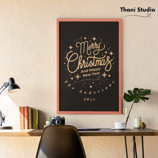 メリークリスマスハッピーニューイヤーモダンブラック&金ゴールド フォトプリント