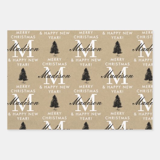 メリークリスマスハッピーニューイヤーモノグラムクラフト ラッピングペーパーシート (正面3)