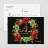 メリークリスマスハッピーニューイヤーリースブラック金ゴールド シーズンポストカード (正面/裏面)