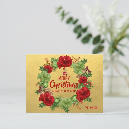 メリークリスマスハッピーニューイヤーリースレッド金ゴールド シーズンポストカード (スタンド正面)