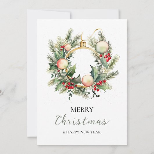 メリークリスマスハッピーニューイヤーリース ミニマル サンキューカード (正面)