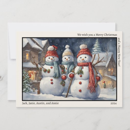 メリークリスマスハッピーニューイヤー三つのハッピー雪だるま シーズンカード (正面)