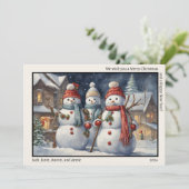 メリークリスマスハッピーニューイヤー三つのハッピー雪だるま シーズンカード (スタンド正面)