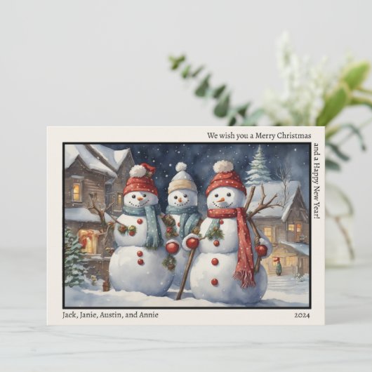 メリークリスマスハッピーニューイヤー三つのハッピー雪だるま シーズンカード (スタンド正面)