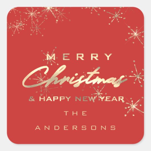 メリークリスマスハッピーニューイヤー星赤スパーク スクエアシール (正面)