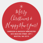 メリークリスマスハッピーニューイヤー赤いスクリプトアドレス ラウンドシール (正面)