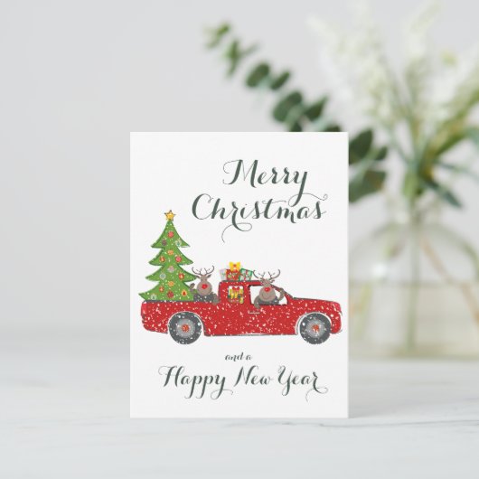 メリークリスマスハッピーニューイヤー赤いトラックと木 シーズンポストカード (スタンド正面)