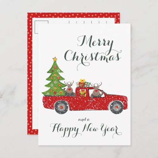 メリークリスマスハッピーニューイヤー赤いトラックと木 シーズンポストカード (正面/裏面)