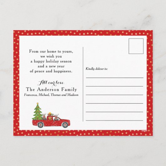 メリークリスマスハッピーニューイヤー赤いトラックと木 シーズンポストカード (裏面)
