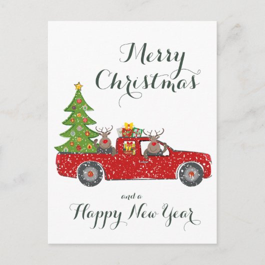 メリークリスマスハッピーニューイヤー赤いトラックと木 シーズンポストカード (正面)