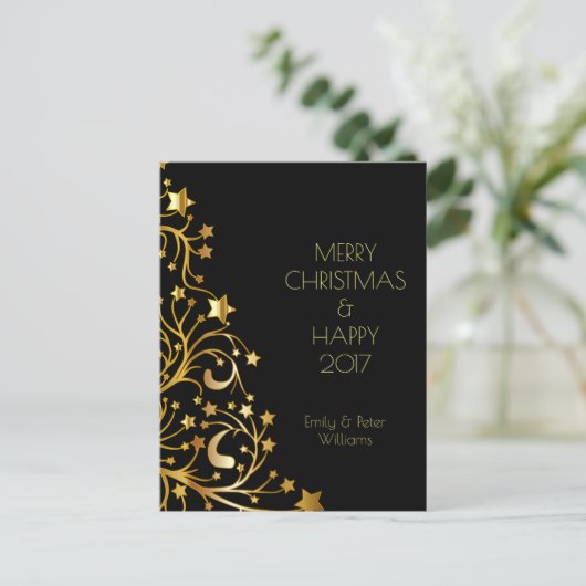 メリークリスマスハッピーニューイヤー金ゴールドスターズブラック シーズンポストカード (スタンド正面)