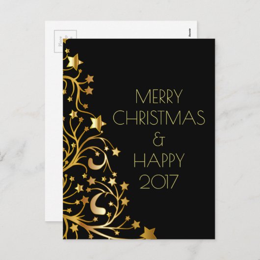 メリークリスマスハッピーニューイヤー金ゴールドスターズブラック シーズンポストカード (正面/裏面)