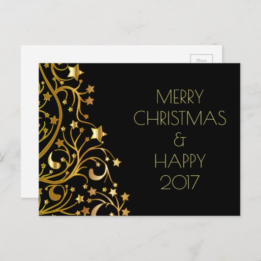 メリークリスマスハッピーニューイヤー金ゴールドスターズブラック シーズンポストカード (正面/裏面)