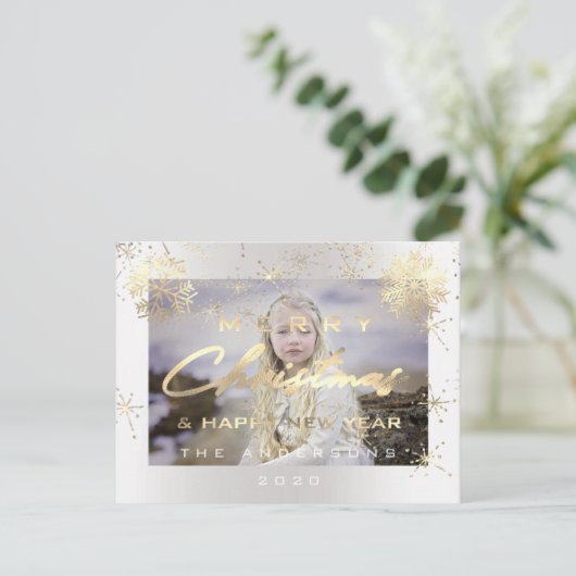 メリークリスマスハッピーニューイヤー金ゴールド白写真 ポストカード (スタンド正面)