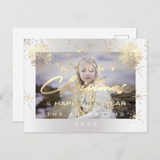 メリークリスマスハッピーニューイヤー金ゴールド白写真 ポストカード (正面/裏面)