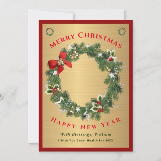 メリークリスマスハッピーニューイヤー金ゴールド赤い写真 シーズンカード (正面)