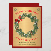 メリークリスマスハッピーニューイヤー金ゴールド赤い写真 シーズンカード (正面/裏面)
