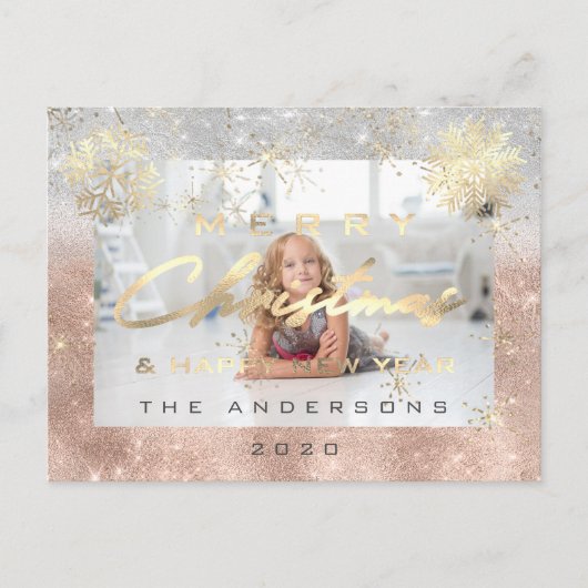 メリークリスマスハッピーニューイヤー金ゴールド雪写真グラ ポストカード (正面)
