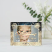 メリークリスマスハッピーニューイヤー金ゴールド雪写真茶 ポストカード (スタンド正面)