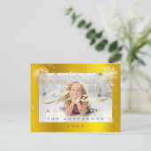 メリークリスマスハッピーニューイヤー金ゴールド雪写真 ポストカード (スタンド正面)