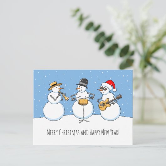 メリークリスマスハッピーニューイヤー雪だるまジャズバンド ポストカード (スタンド正面)