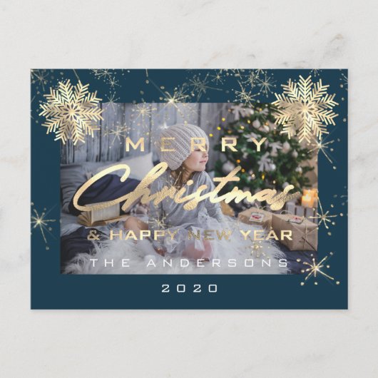 メリークリスマスハッピーニューイヤー雪片ティール（緑がかった色）写真 ポストカード (正面)