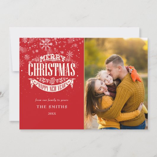 メリークリスマスハッピーニューイヤー雪片写真 シーズンカード (正面)