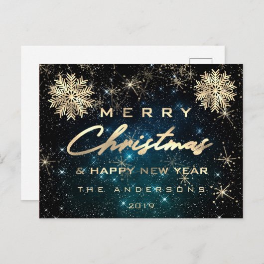 メリークリスマスハッピーニューイヤー雪金ゴールドスカイティール(緑がかった色) ポストカード (正面/裏面)