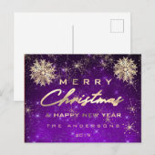 メリークリスマスハッピーニューイヤー雪金ゴールドスカイプル ポストカード (正面/裏面)