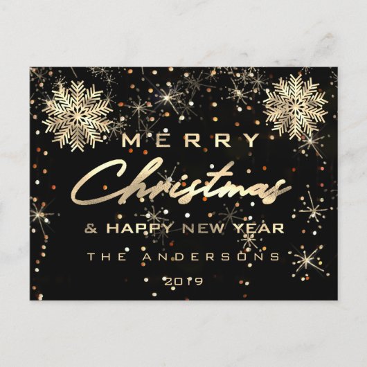 メリークリスマスハッピーニューイヤー雪金ゴールド赤スパーク ポストカード (正面)