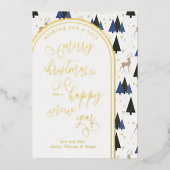 メリークリスマスハッピーニューイヤー青い木と鹿 箔シーズンカード (正面)