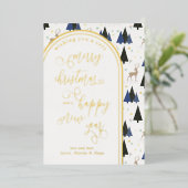 メリークリスマスハッピーニューイヤー青い木と鹿 箔シーズンカード (立ち正面)