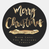 メリークリスマスハッピーニューイヤー黒と金ゴールド ラウンドシール (正面)