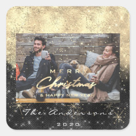 メリークリスマスハッピーニューイヤー黒金ゴールド写真 スクエアシール