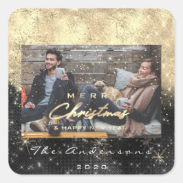 メリークリスマスハッピーニューイヤー黒金ゴールド写真 スクエアシール