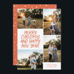 メリークリスマスハッピーニューイヤー4フォトコラージレッド シーズンカード<br><div class="desc">この4スタイリッシュフォトホリデーカードには、手書きのスタイルグリーティングとフォトコラージュが含まれている。この逆は浮動ドットパターンを特徴とする。すべての色はカスタマイズ可能。</div>