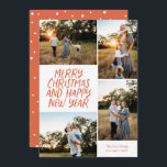 メリークリスマスハッピーニューイヤー4フォトコラージレッド シーズンカード<br><div class="desc">この4スタイリッシュフォトホリデーカードには、手書きのスタイルグリーティングとフォトコラージュが含まれている。この逆は浮動ドットパターンを特徴とする。すべての色はカスタマイズ可能。</div>