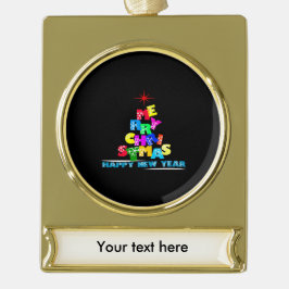 メリークリスマスハッピーニューイヤー ゴールドプレートバナーオーナメント