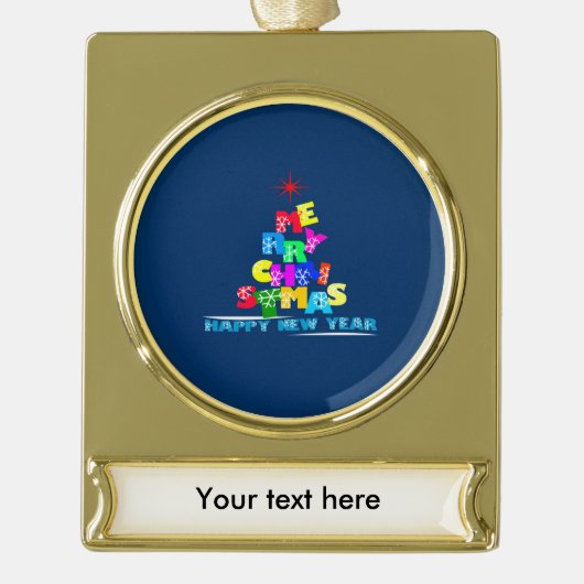 メリークリスマスハッピーニューイヤー ゴールドプレートバナーオーナメント (正面)